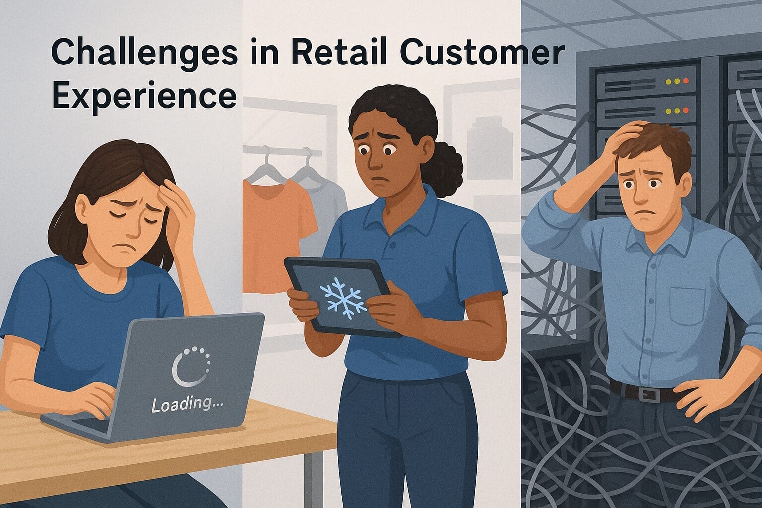 Three retail workers appear stressed: one looks at a laptop stuck loading, another holds a frozen tablet, and a third stands before tangled cables and servers. Text reads "Challenges in Retail Customer Experience.