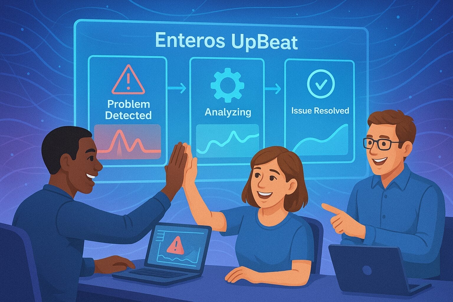Three people in an office celebrate a detected problem being resolved, shown by a flowchart labeled “Enteros UpBeat” with steps: Problem Detected, Analyzing, and Issue Resolved.