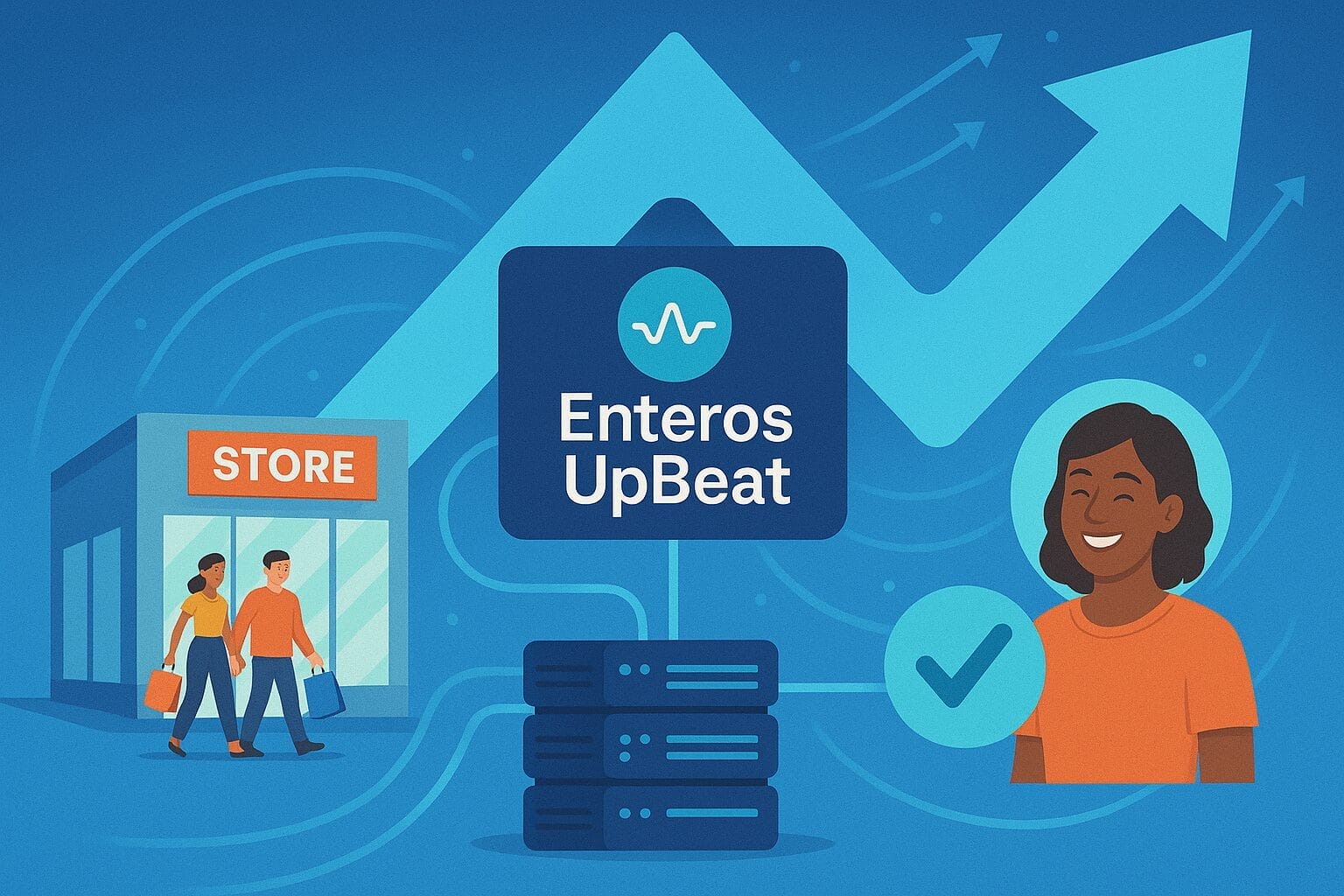 Illustration showing Enteros UpBeat logo, a smiling person with a checkmark, two people exiting a store, servers, and upward arrows symbolizing business growth and technology.