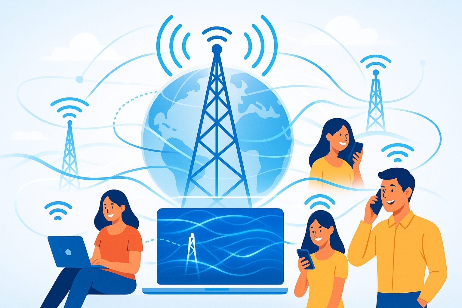 Illustration of people using laptops and smartphones with wireless signals, cell towers, and a globe in the background, representing global wireless communication and the integration of DBPM for Insurance.