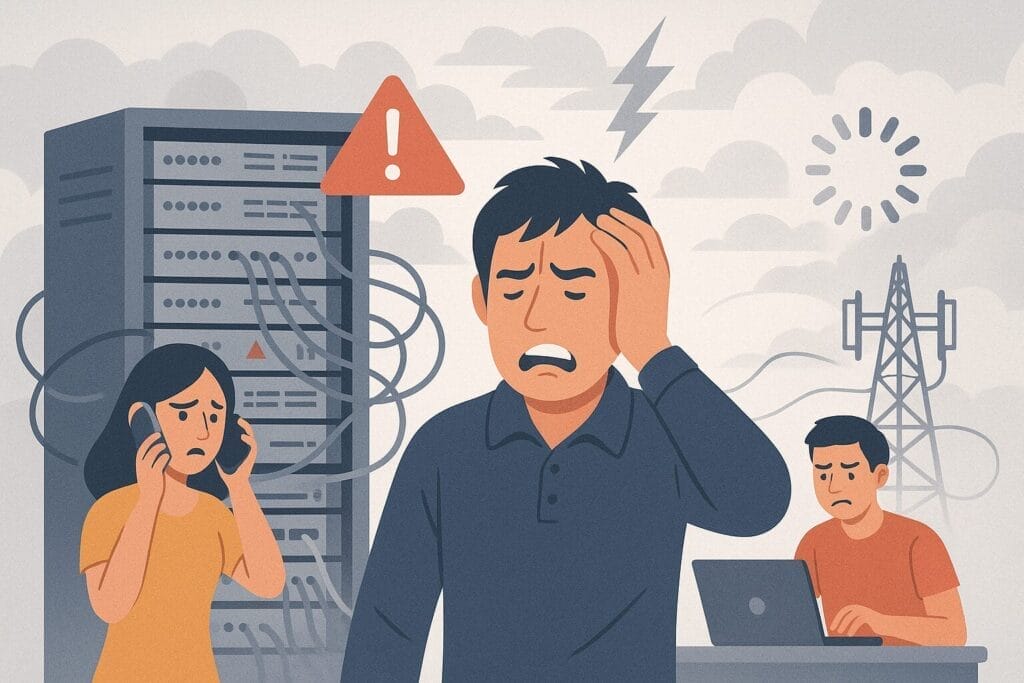 Three people are stressed during a network outage at a telecom company; one is on the phone, another holds his head, and the third works on a laptop. Warning symbols and servers loom in the background.