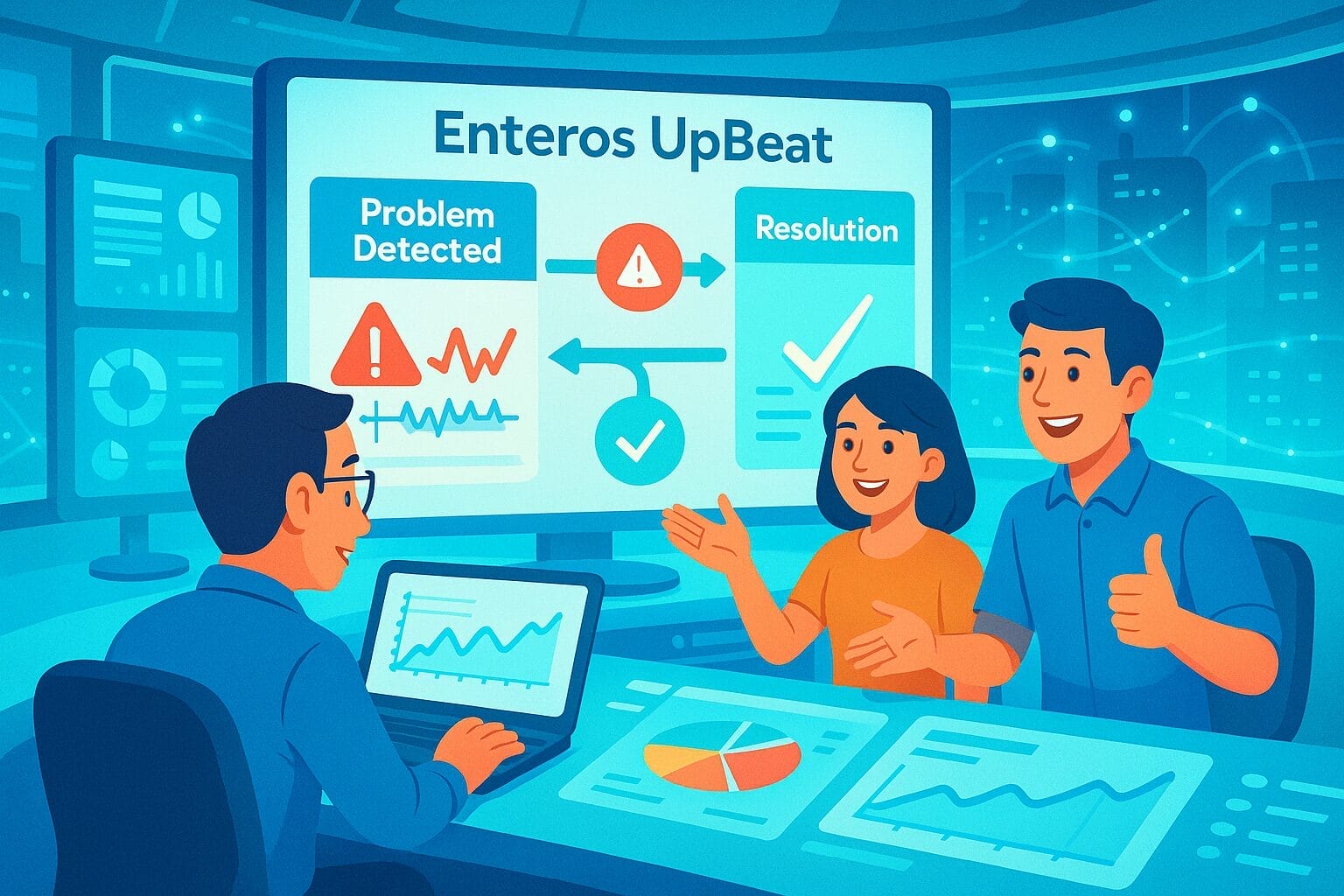 Three people discuss telecom data at a table with charts, while a screen behind them displays "Enteros UpBeat," illustrating problem detection and resolution.