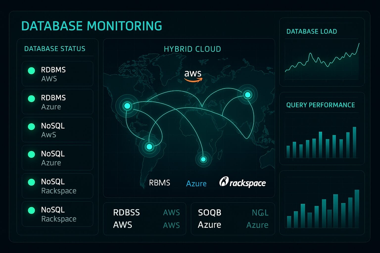 Database monitoring dashboard showing status for RDBMS and NoSQL databases across AWS, Azure, and Rackspace, with graphs for load and query performance, and a hybrid cloud network map.