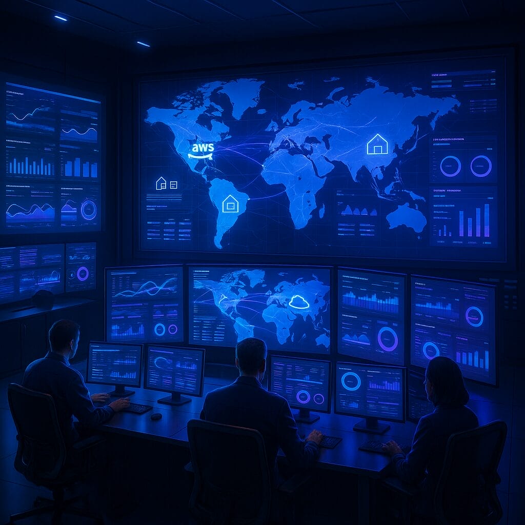 Three people monitor multiple screens displaying global data, network connections, and analytics in a dark control room with a large world map highlighting AWS and cloud icons.