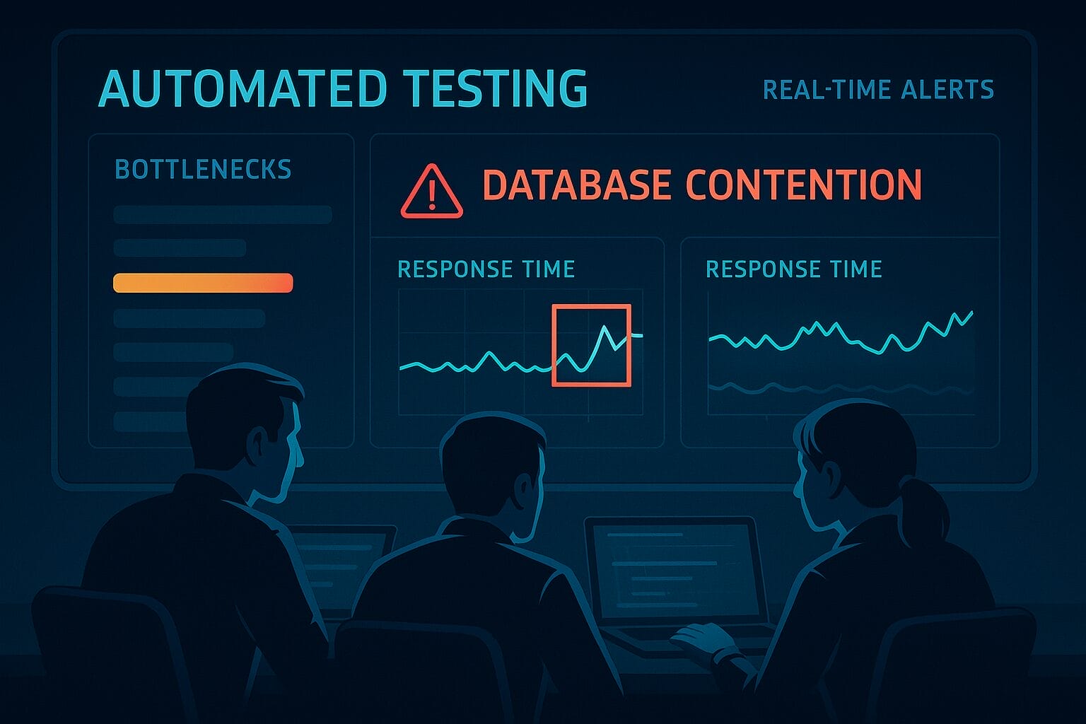 Three people work on laptops while a screen displays automated testing results, highlighting a database contention warning and response time graphs.