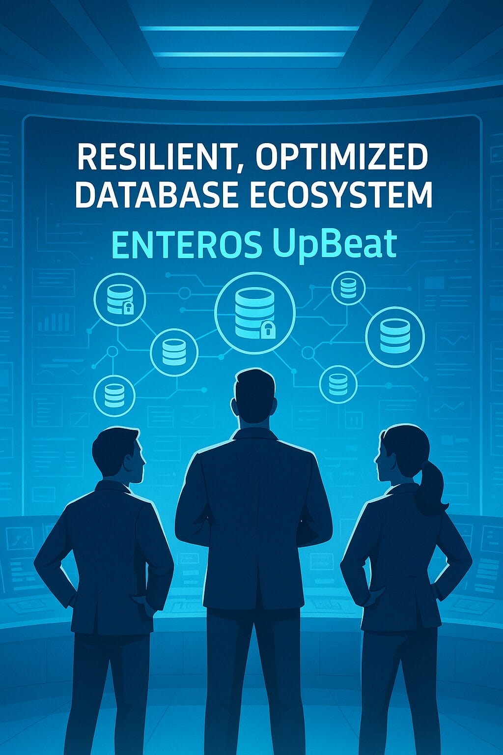 Three people in business attire stand facing a digital screen displaying database icons and the text "Resilient, Optimized Database Ecosystem ENTEROS UpBeat.