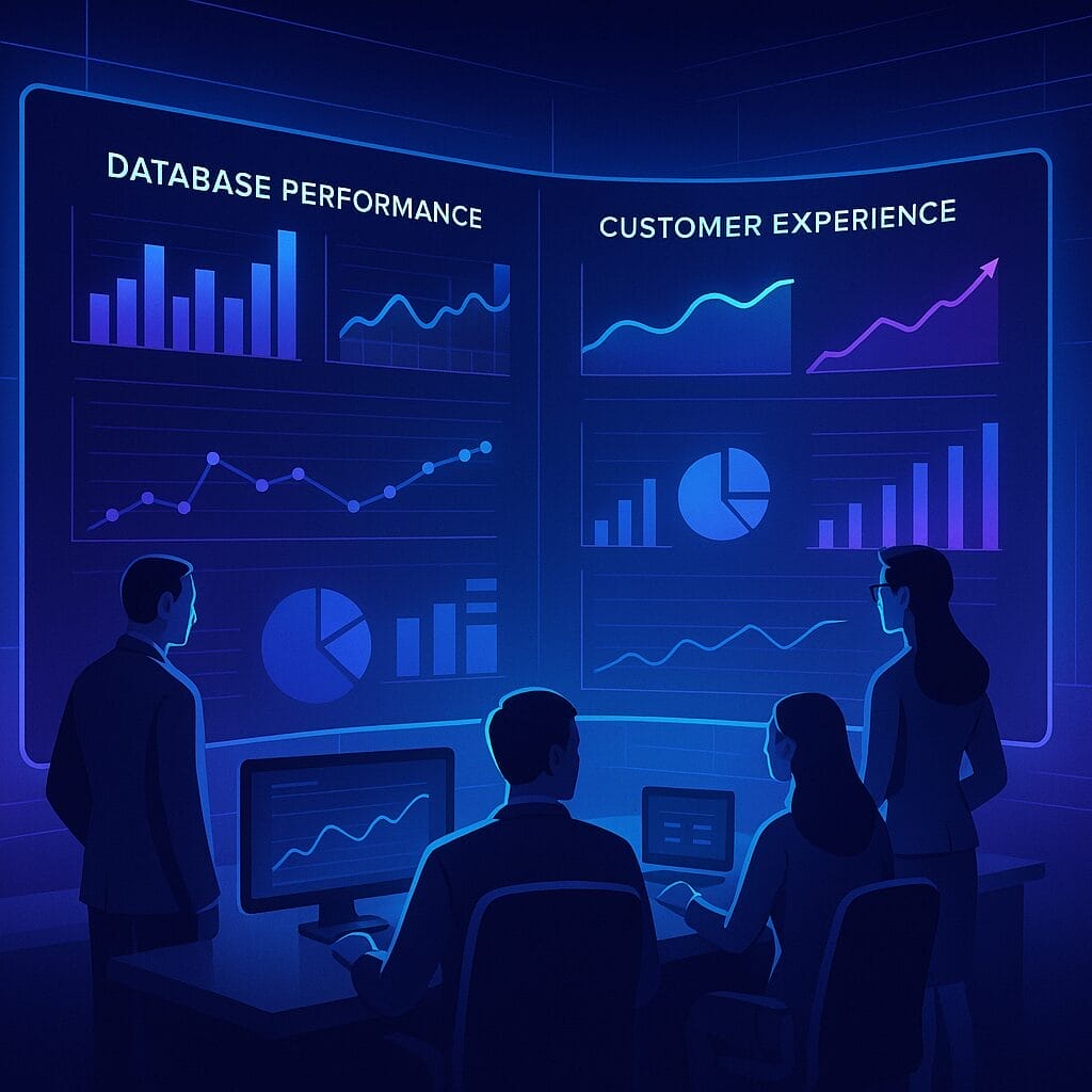 Four people analyze data charts on large screens labeled "Database Performance" and "Customer Experience" in a dimly lit, modern control room, collaborating to improve bottom line business performance.