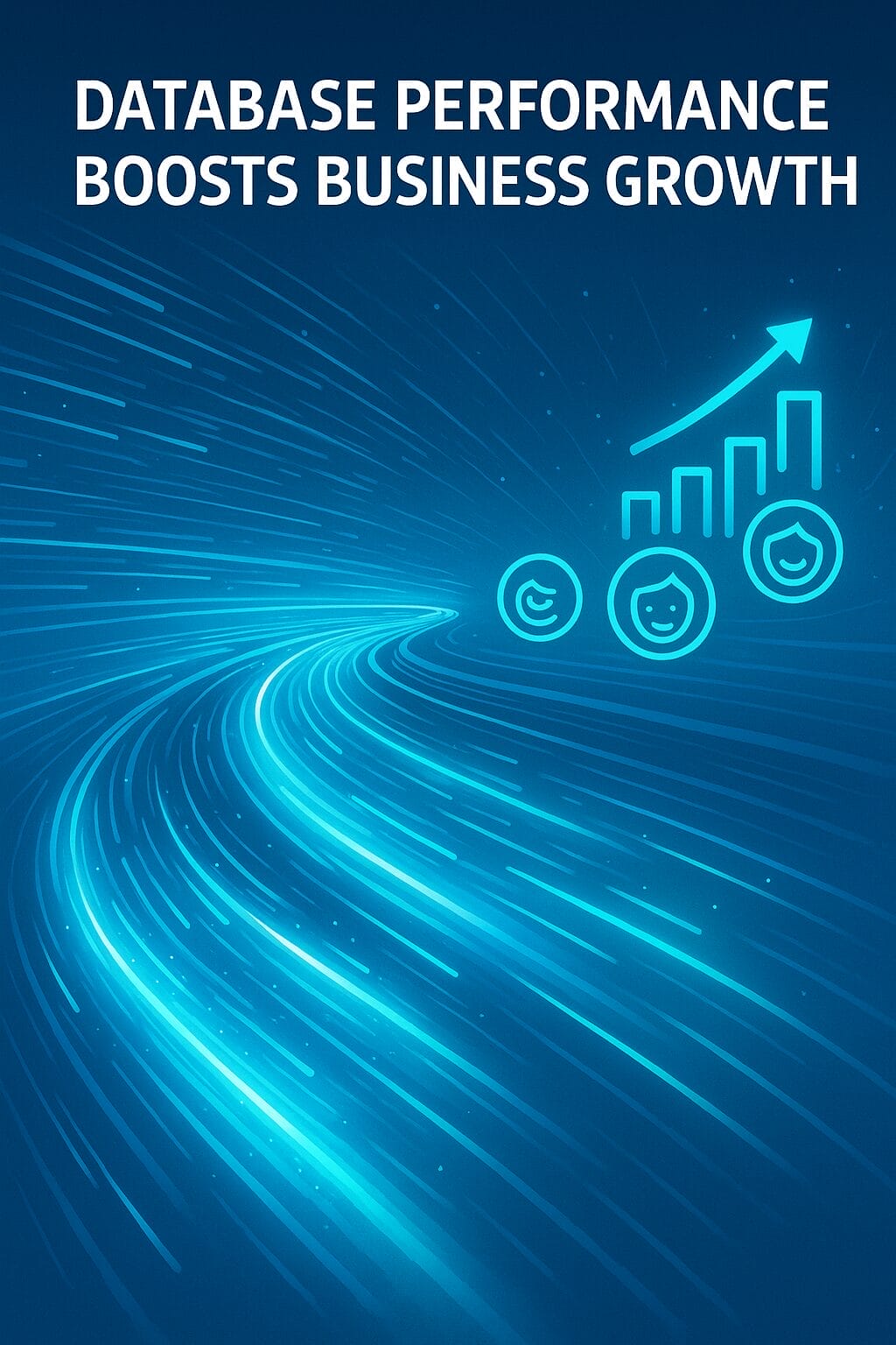 Blue graphic with the text "Database performance boosts business growth," showing a glowing fast-moving data stream and an upward trending business chart with smiley face icons to improve bottom line business performance.