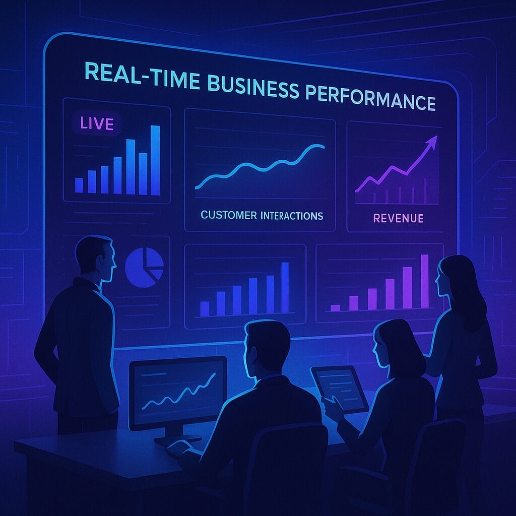 Four people analyze charts and graphs on screens displaying real-time business metrics, customer interactions, and revenue to improve bottom line business performance.