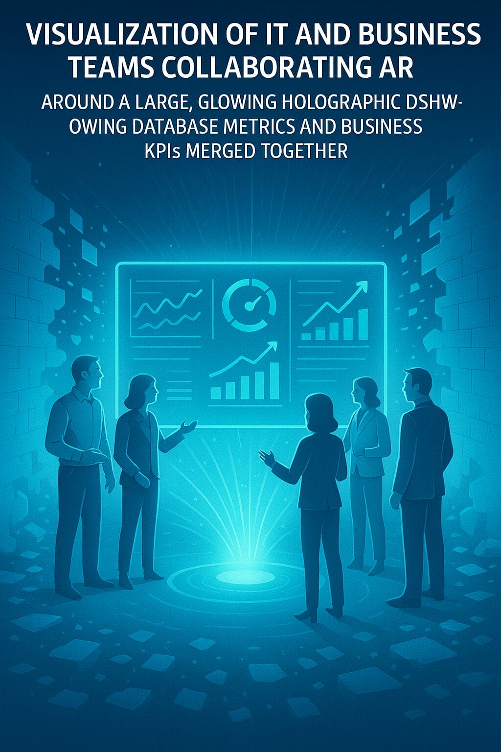 Five people stand around a large, glowing holographic screen displaying charts and graphs, representing IT and business teams using augmented reality to improve bottom line business performance.