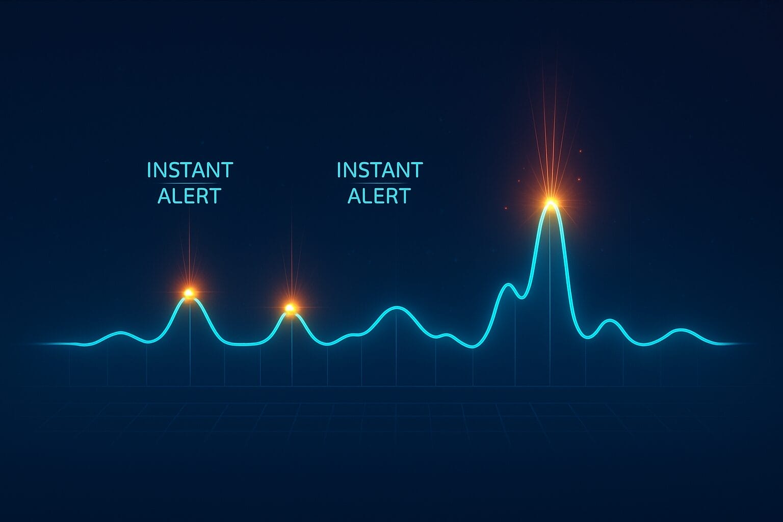 A digital graph with several peaks, three of which are highlighted and labeled "INSTANT ALERT," indicating significant data points to help improve bottom line business performance.