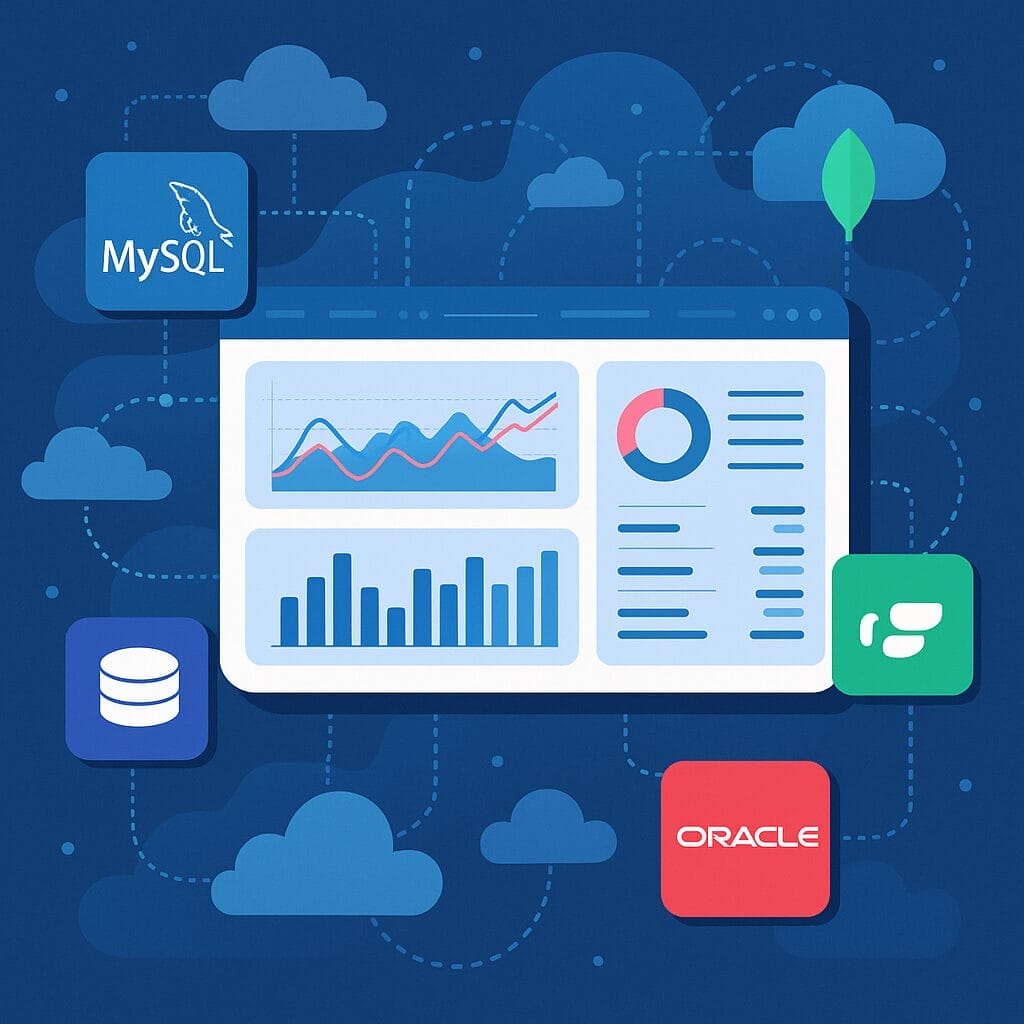 A dashboard with charts and graphs is surrounded by logos of MySQL, Oracle, MongoDB, and a generic database icon, highlighting IT Production Operations in database analytics or management.