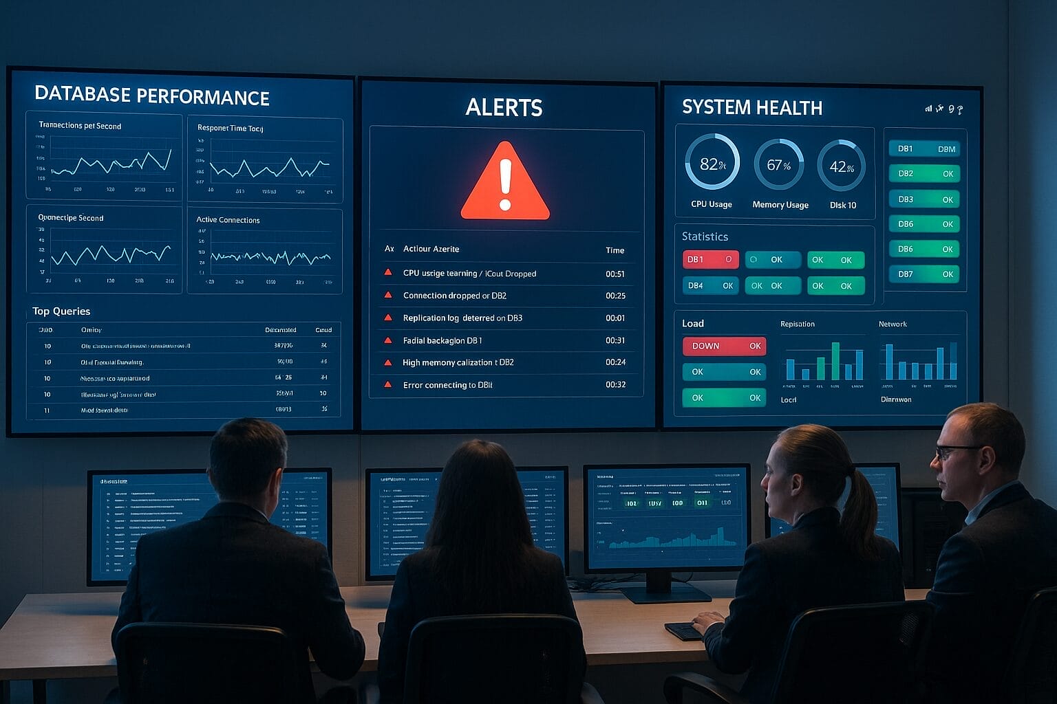 Four people sit at desks in an IT Production Operations control room, monitoring large screens displaying database performance metrics, system health statistics, and alert notifications.