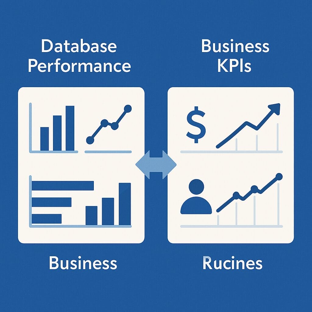 Diagram showing two boxes labeled "Database Performance" and "Business KPIs," with charts and icons connected by a double-headed arrow, illustrating how IT Production Operations influence and connect key business metrics.