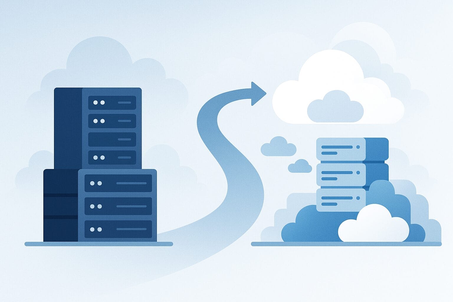 Illustration of physical servers on the left transitioning via arrow to scalable cloud-based servers on the right, representing cloud migration scaling.