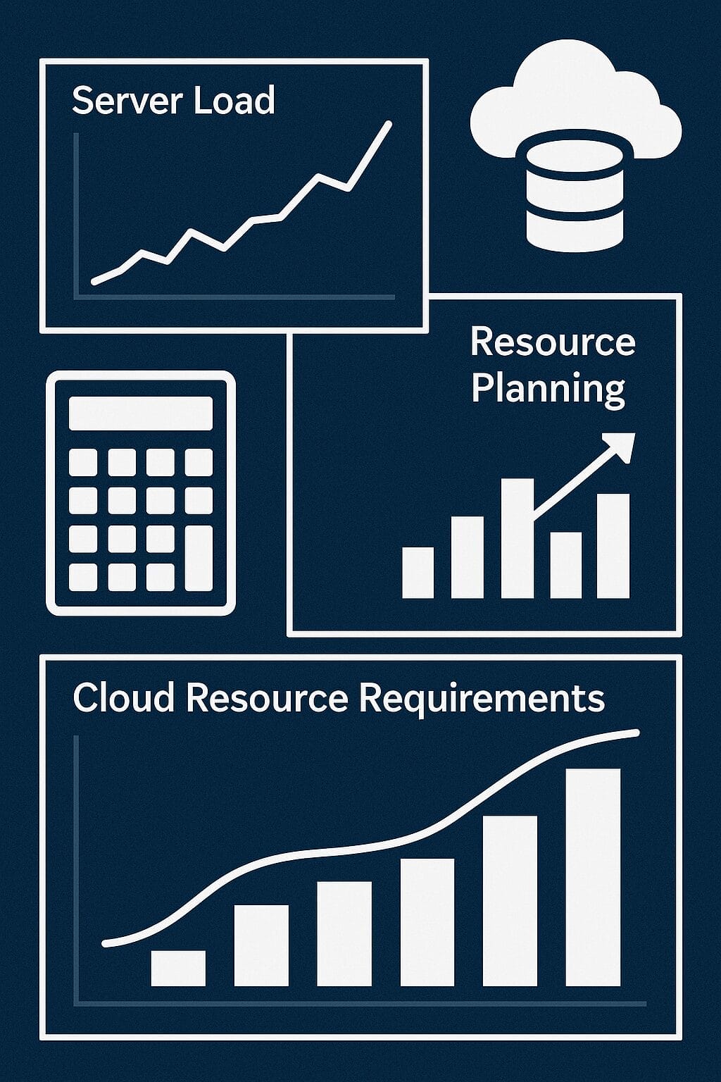 Infographic illustrating increasing server load, resource planning, and cloud migration scaling needs with line and bar graphs, a cloud database icon, and a calculator icon.
