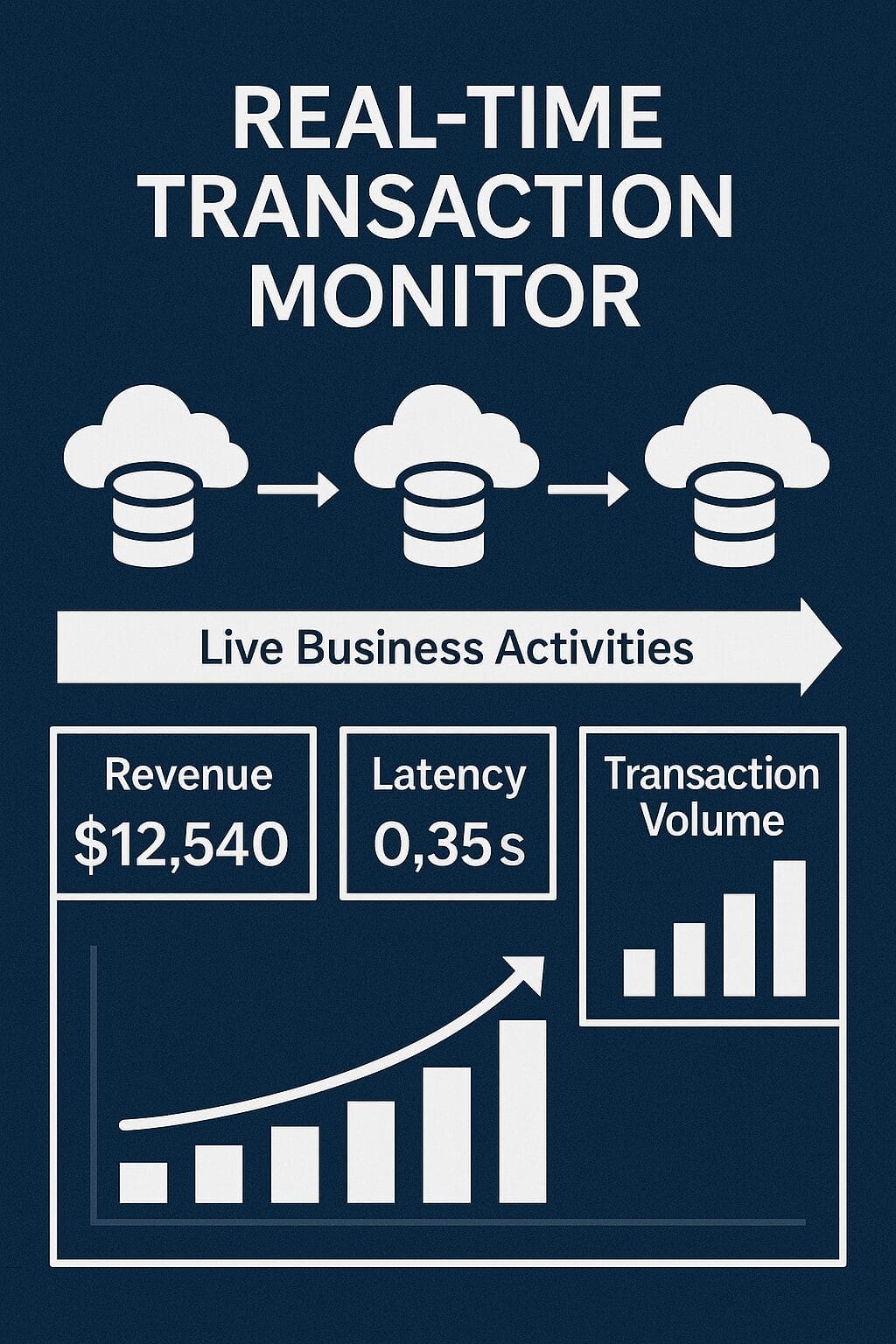 Infographic titled "Real-Time Transaction Monitor" showing cloud migration scaling across databases, live activity flow, and metrics for revenue, latency, and transaction volume with upward trending graphs.