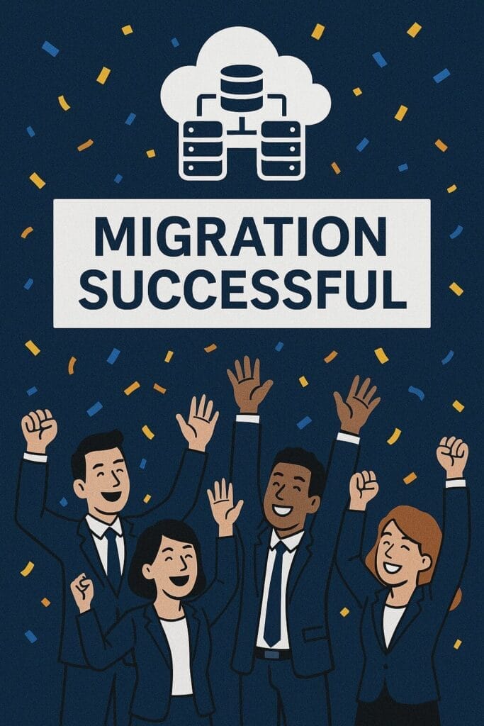Four business people celebrate with raised arms under a 