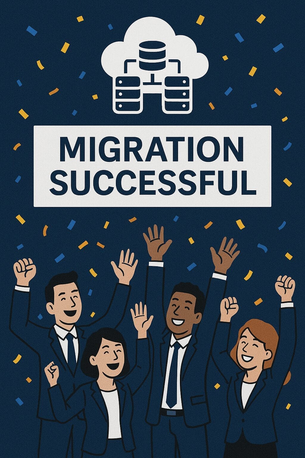 Four business people celebrate with raised arms under a "Migration Successful" sign, confetti flying and a cloud server icon highlighting their achievement in cloud migration scaling.