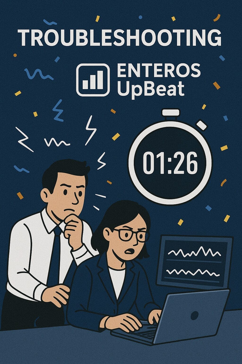 Two people in business attire look at a laptop screen with concerned expressions. Behind them, a stopwatch shows 01:26 and the words "Troubleshooting ENTEROS UpBeat Continuous Delivery" are displayed.