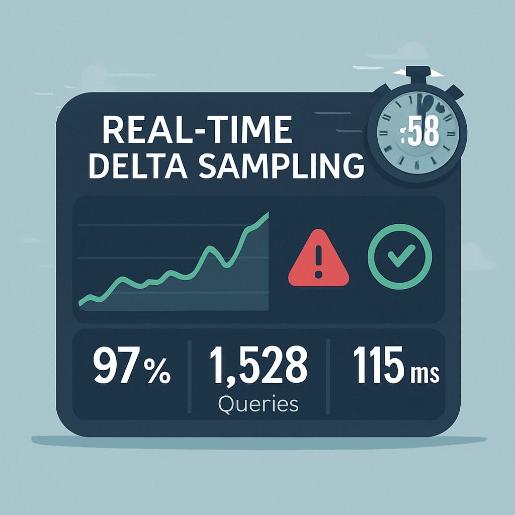Infographic illustrating "Real-Time Delta Sampling" in the Enteros NoSQL Database Solution, featuring a graph, alert icon, check mark, stopwatch, and metrics: 97%, 1,528 queries, and 115 ms.