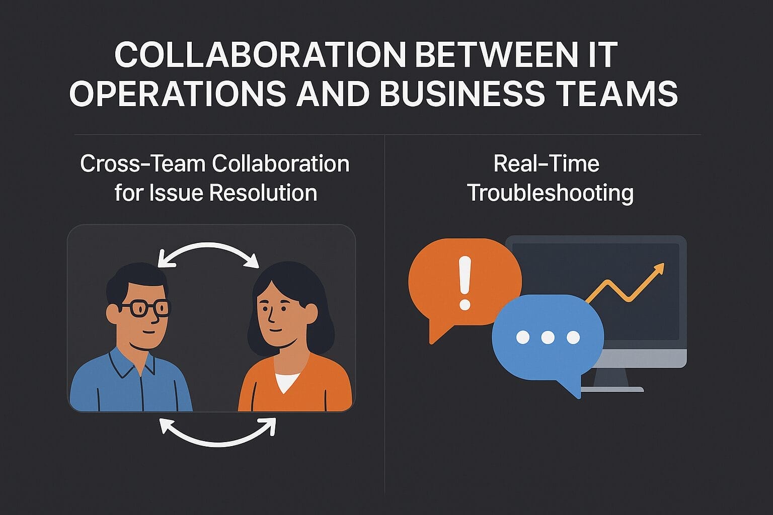 Illustration showing collaboration between IT operations and business teams, featuring icons for cross-team issue resolution, real-time troubleshooting, and monitoring application performance.