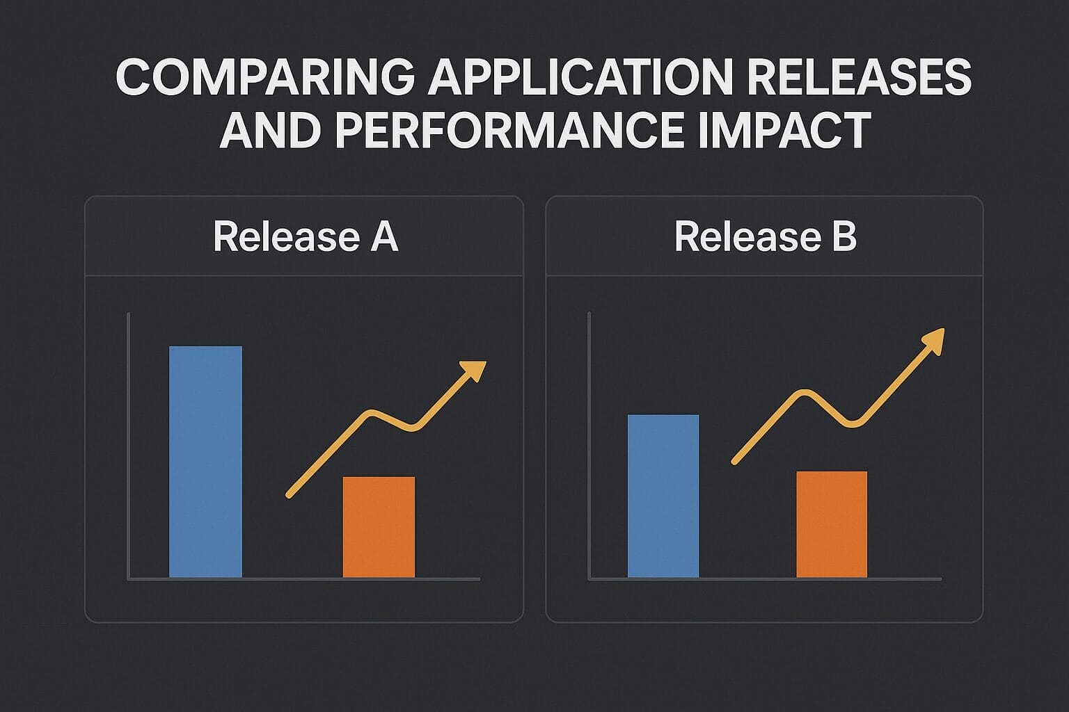 Side-by-side bar and line charts compare release A and B, illustrating the performance impact with rising trend lines and bars—ideal for monitoring application performance over time.