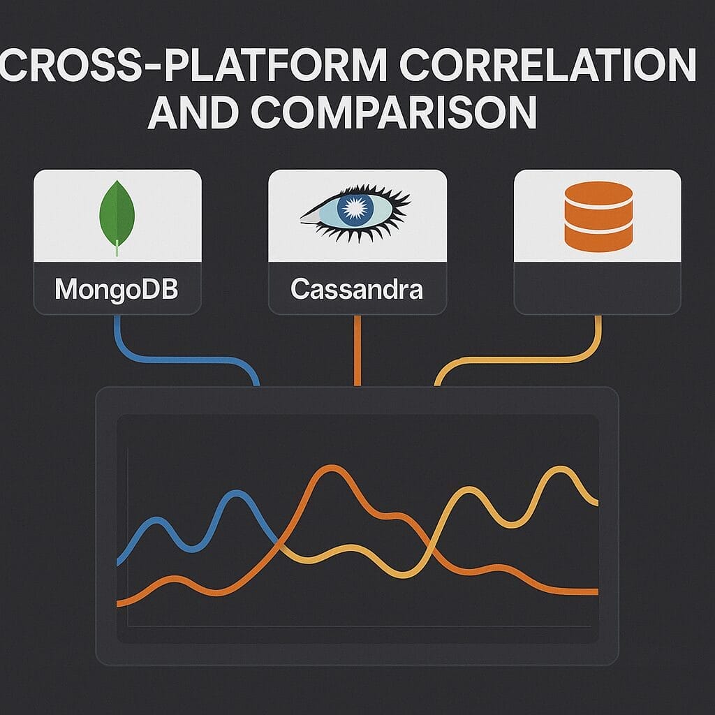 Diagram illustrating cross-platform correlation and comparison between MongoDB, Cassandra, and another database, with a line graph displaying data trends below the icons—ideal for monitoring application performance.