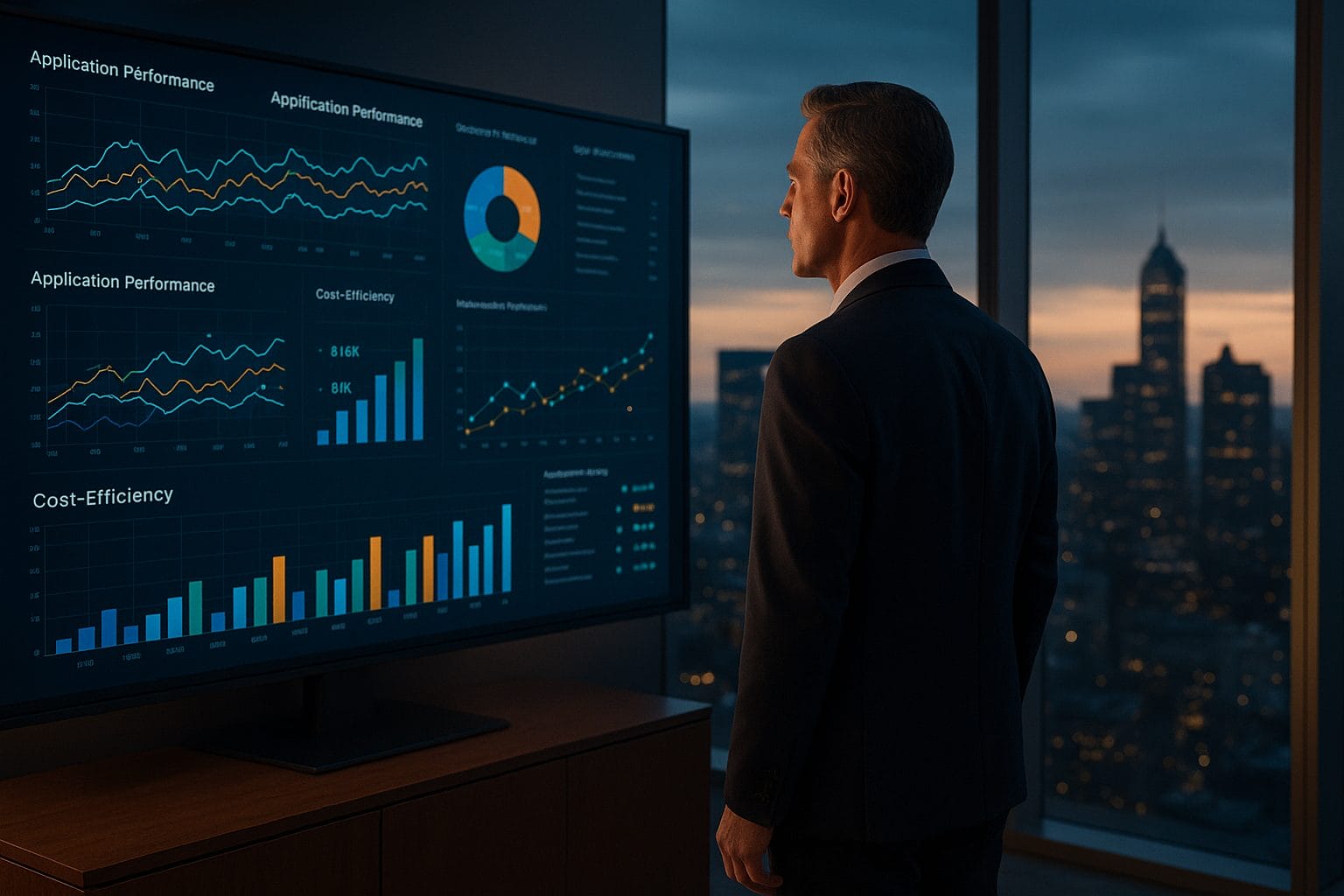 A CFO in a suit stands in an office at dusk, reviewing a large display screen filled with various data charts and graphs.