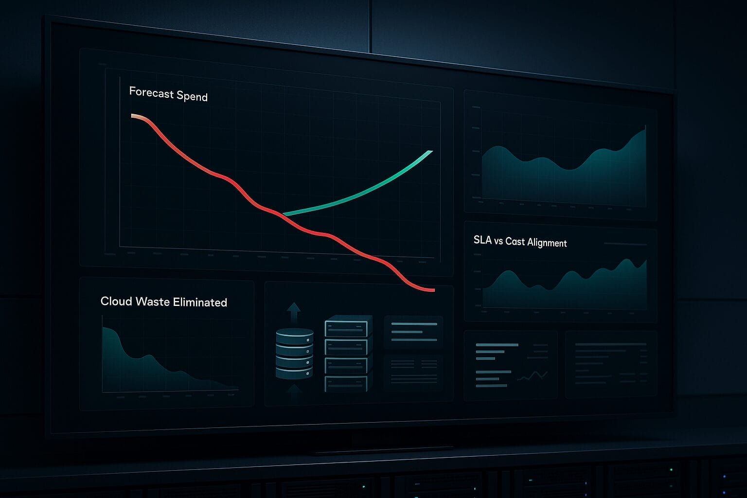 A digital FinOps dashboard displays charts on forecast spend, cloud waste elimination, and SLA cost alignment, featuring a prominent downward red line and upward green line graph.