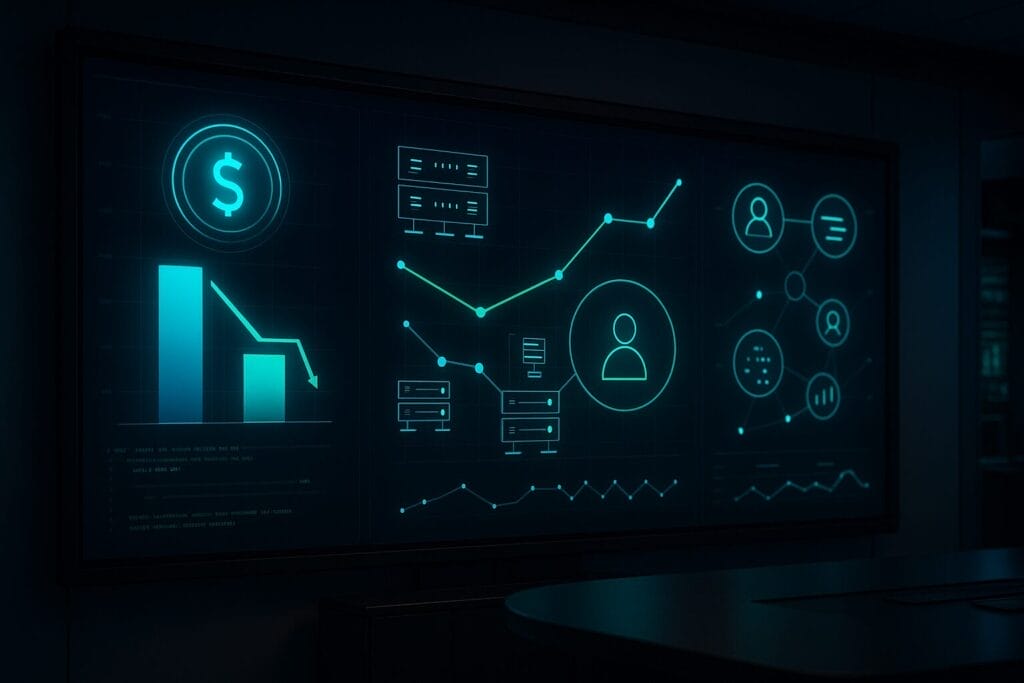 A digital dashboard displays financial charts, user and server icons, line graphs, and a declining bar graph with a dollar symbol—key tools for any FinOps CFO—all illuminated in blue tones.