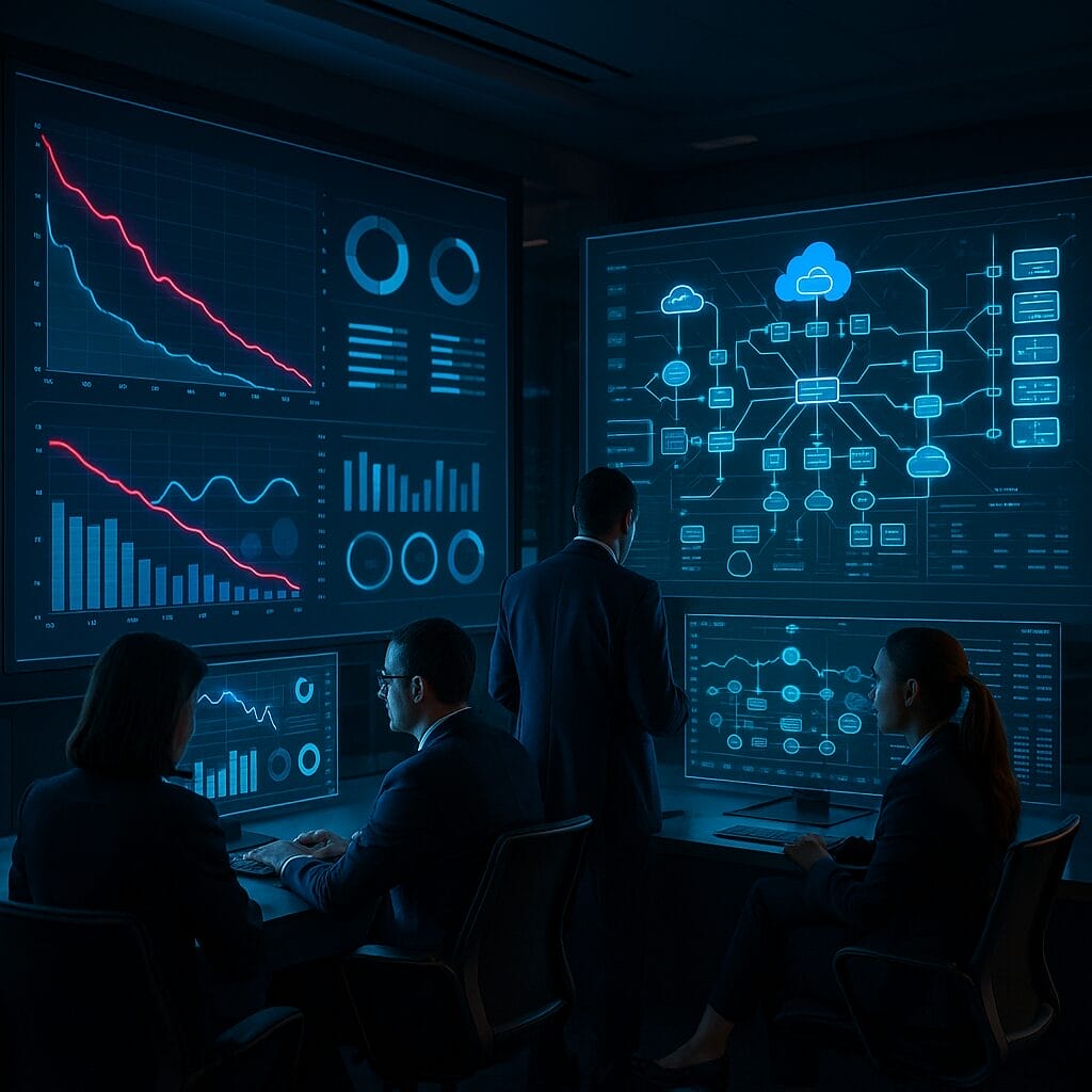 Four people in a dark office, including a CMO, analyze data on large digital screens displaying graphs, charts, and a cloud network diagram.
