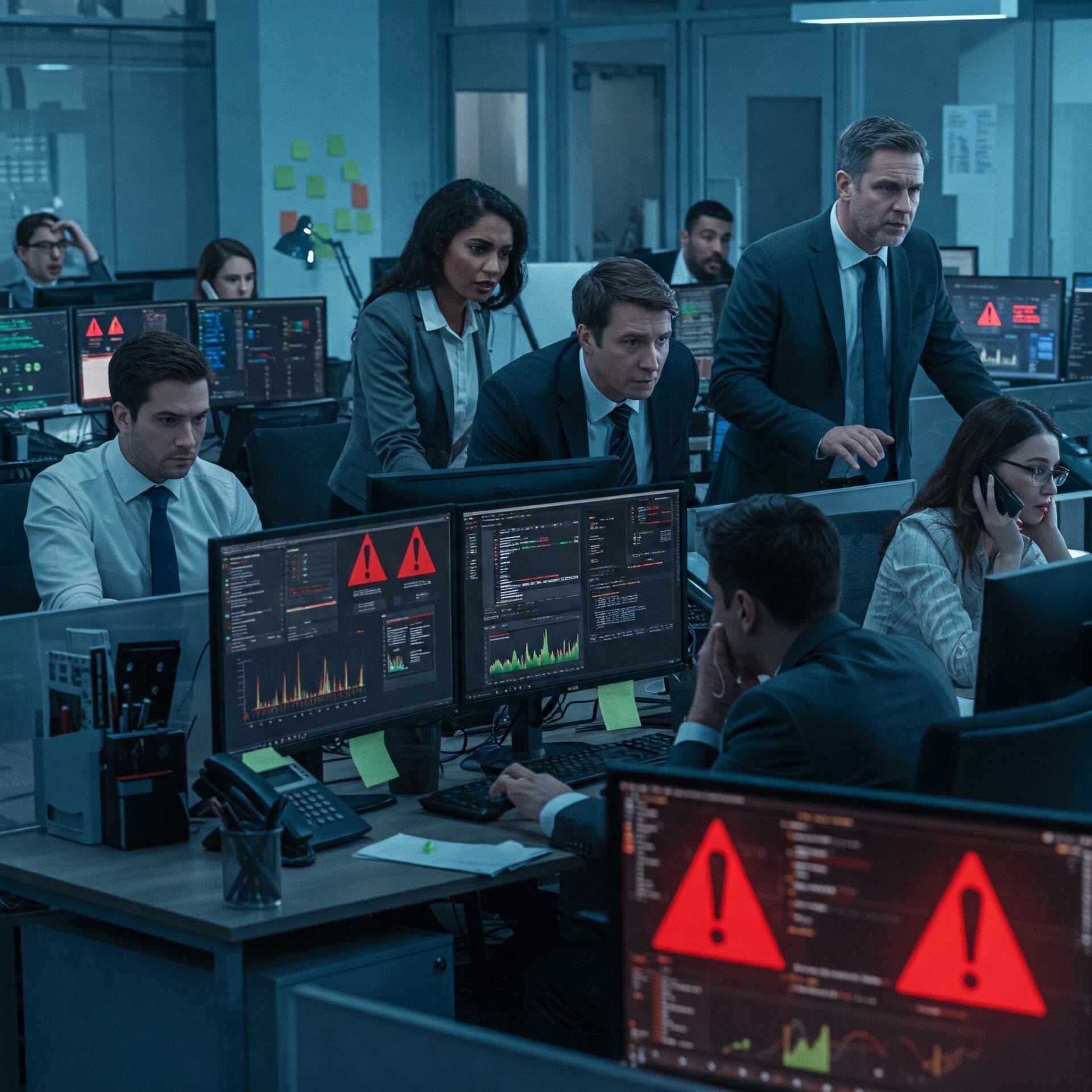 A group of professionals in an office monitors multiple computer screens displaying security warning alerts and graphs.