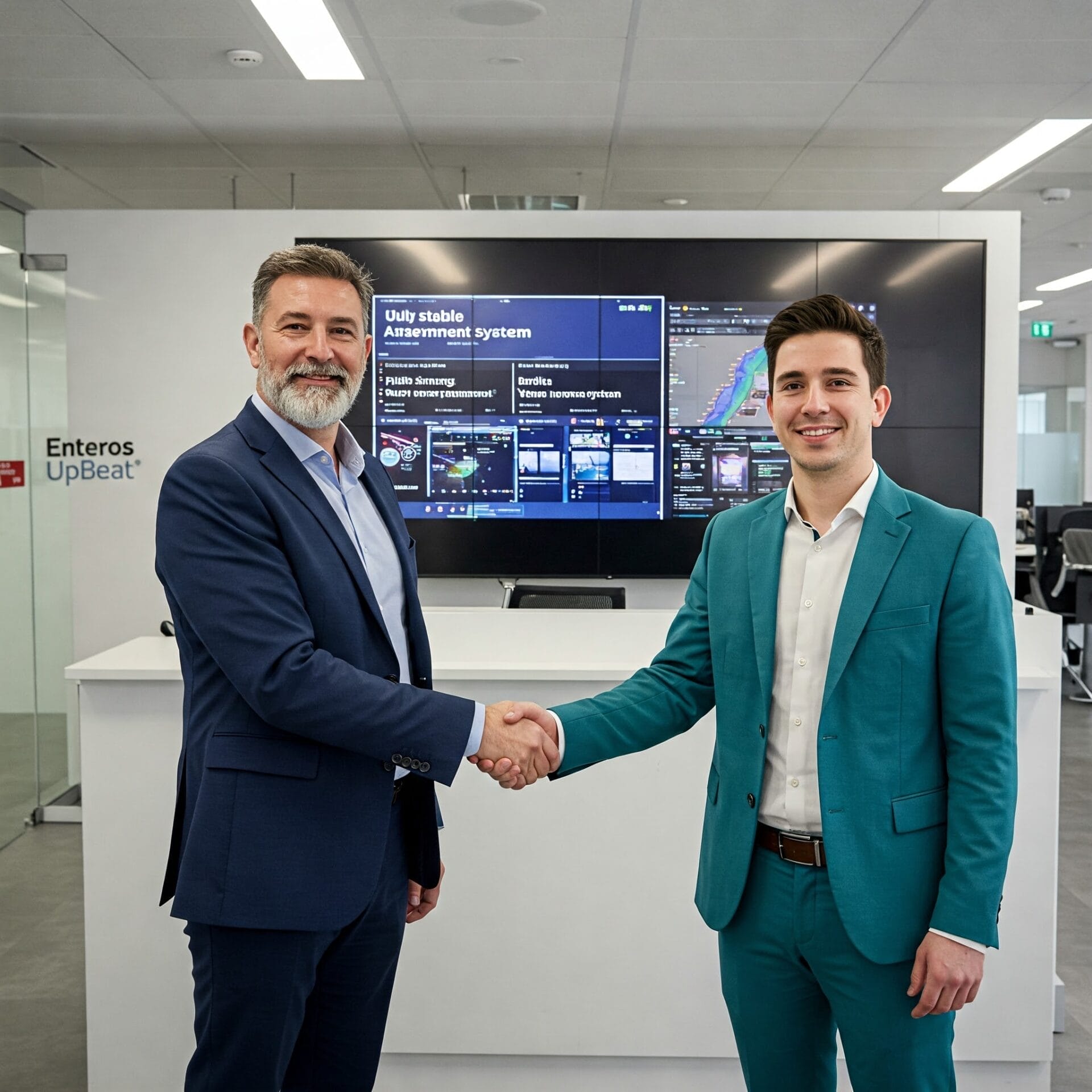 Two men in suits shake hands in an office setting, standing in front of a large screen displaying technical information.