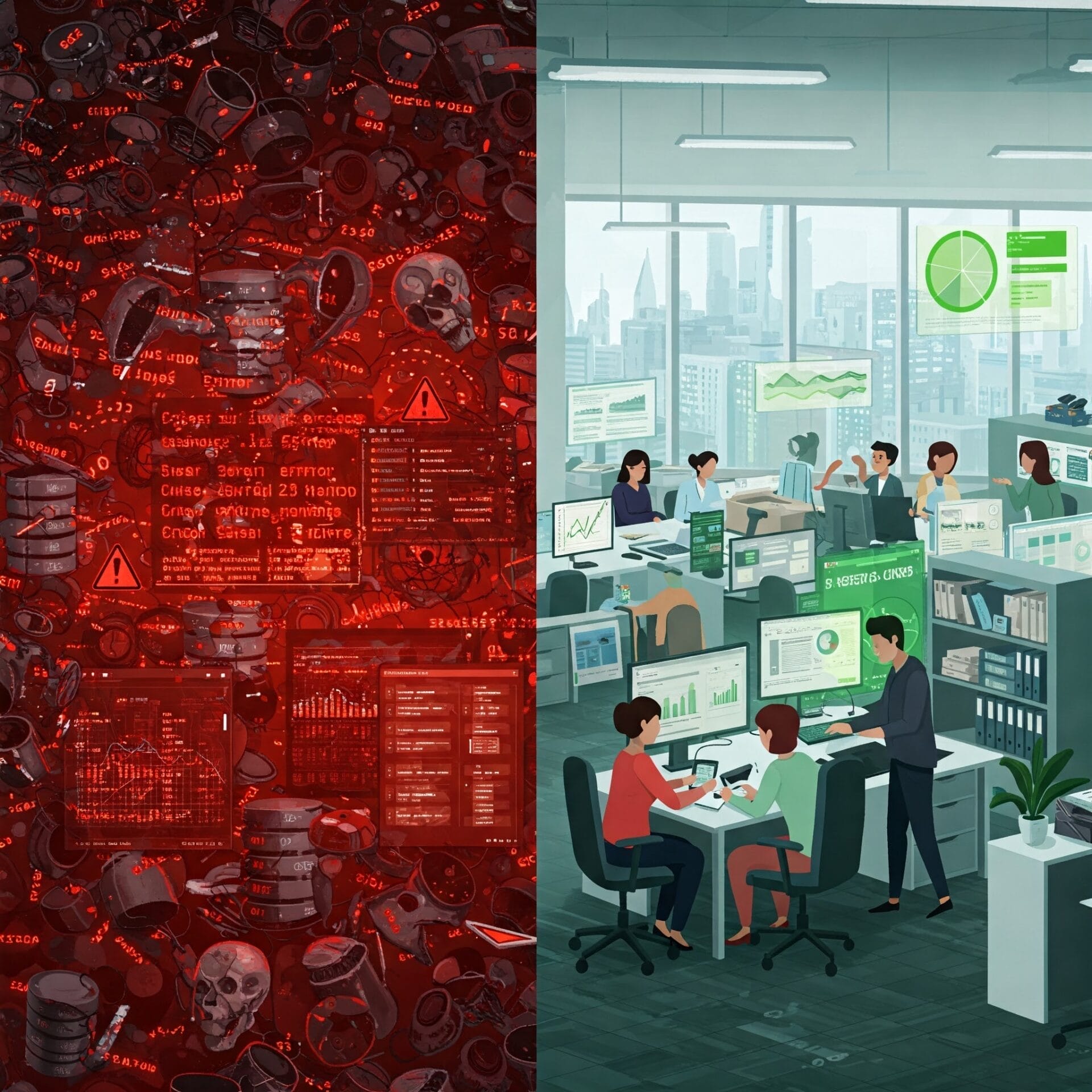 Split image showing cybersecurity: left side depicts red-tinted hacker activity with warning signs, right side shows an office with employees working on computers and analyzing data.