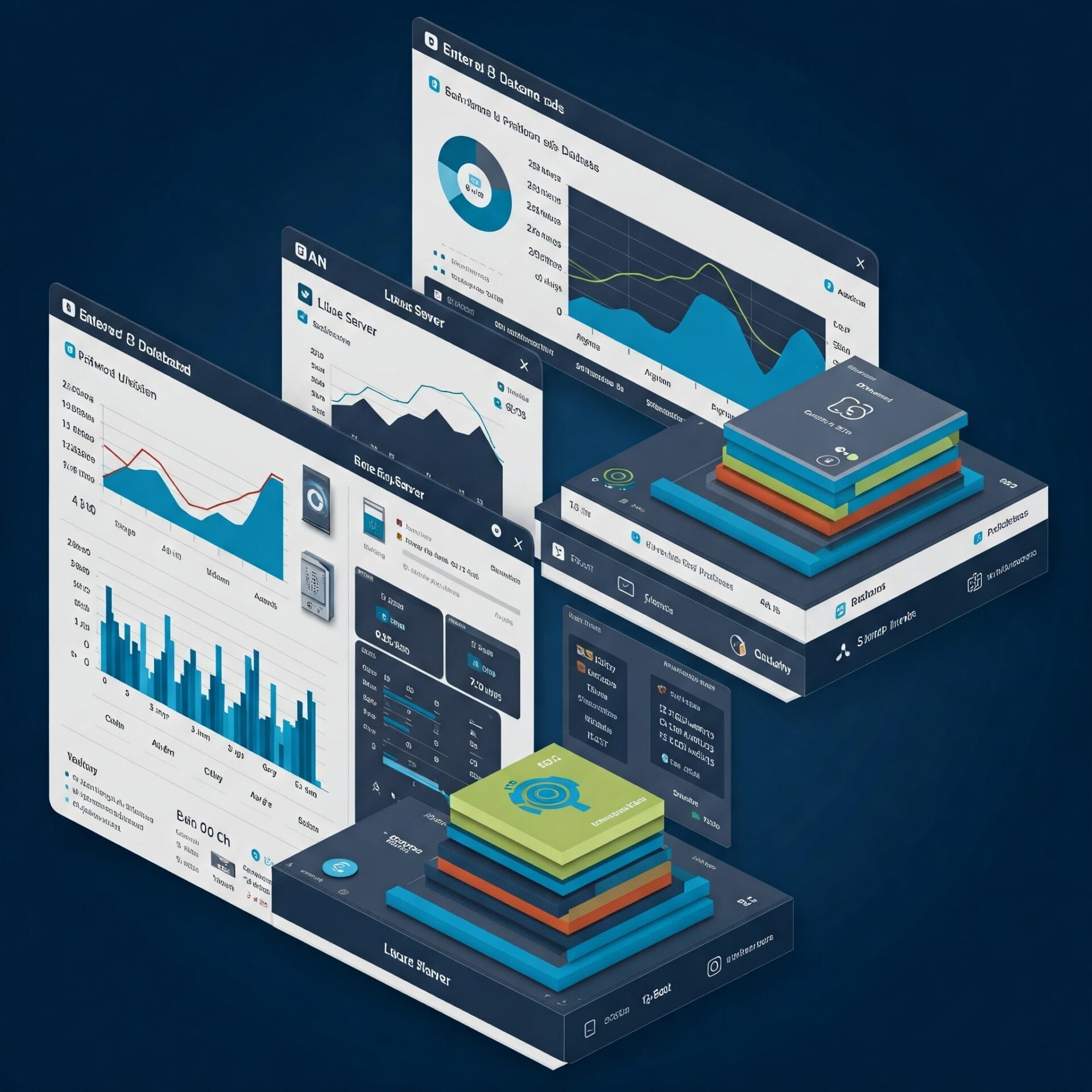 A digital illustration of layered data dashboards displaying various charts, graphs, and analytics metrics on a dark blue background.