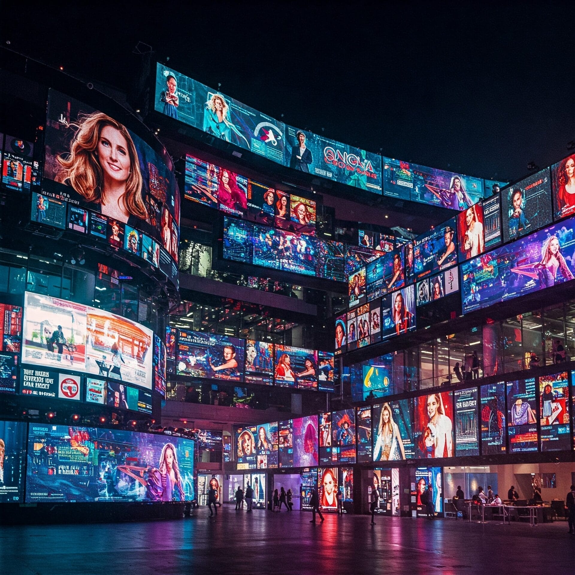 Large building facade at night covered with numerous colorful digital billboards displaying various images, ads, and people, with small figures walking in the foreground.