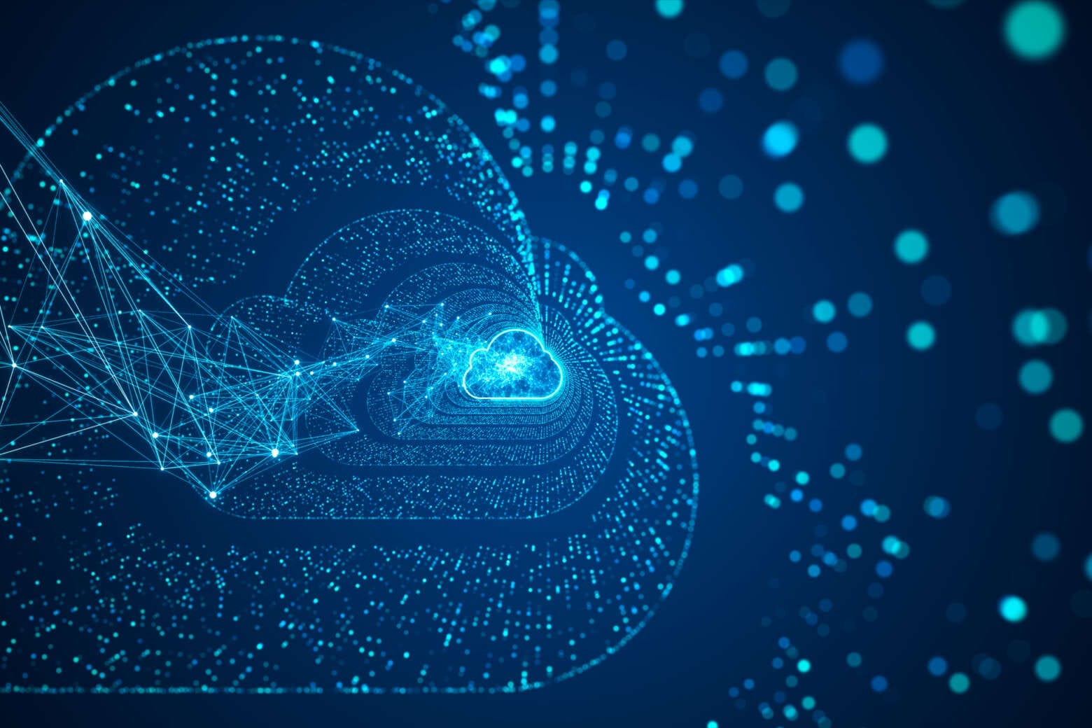 Digital cloud network representation with interconnected blue lines and dots on a dark background, symbolizing data and communication.