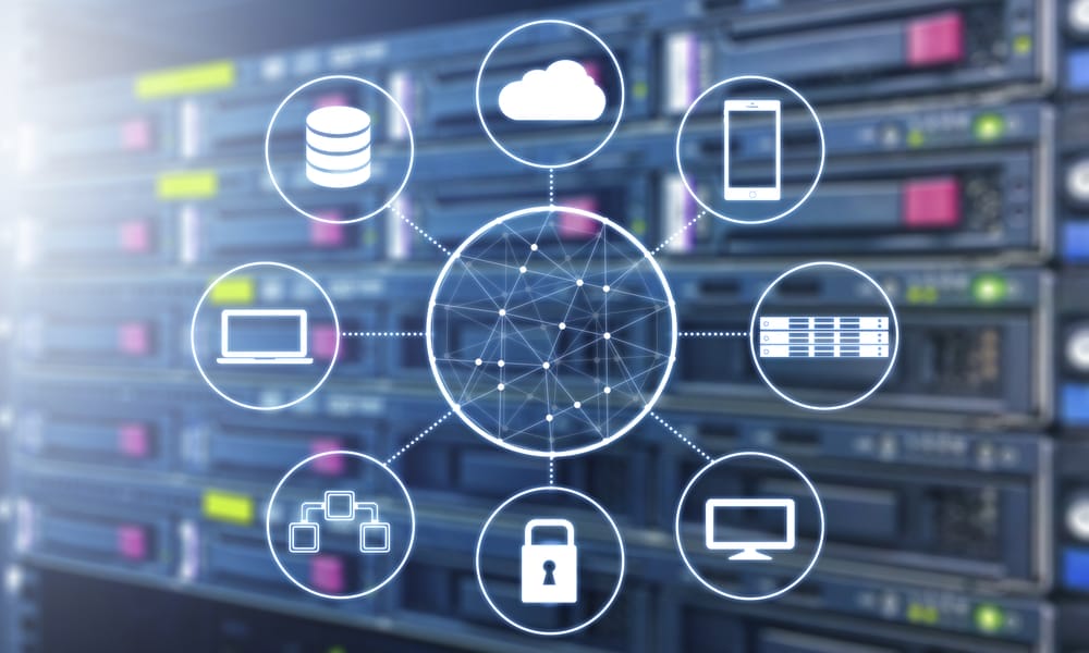 Network diagram overlay on server racks, showing connections between cloud, database, mobile device, server, monitor, secure lock, computer network icons, indicating data and communication links.