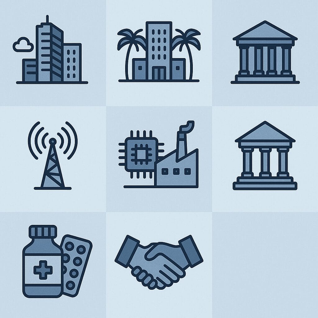 A grid of nine icons—including office building, hotel, courthouse, radio tower, and more—showcases diverse fields where database experts play a vital role in managing information and supporting essential operations.