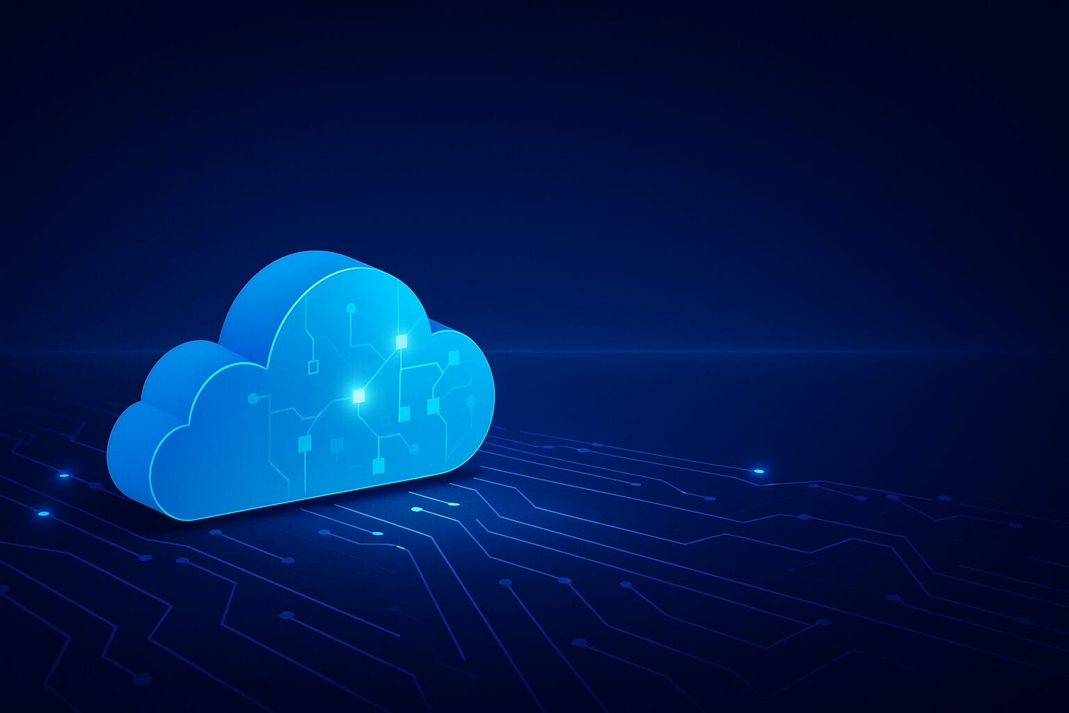 A glowing blue cloud icon with circuit patterns stands on a dark digital background, symbolizing cloud computing, FinOps, and advanced data technology.