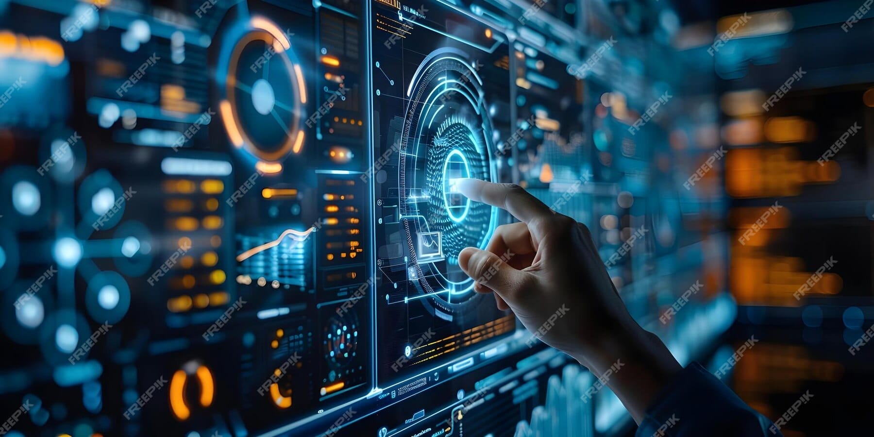 Hand interacting with a futuristic digital interface displaying data visualizations, graphs, and circular diagrams in a dark, tech-focused environment.