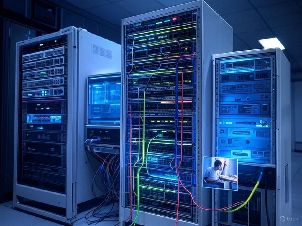 A server room with three racks of network equipment and colorful cables; a small photo of a person working on a computer is attached to one rack, hinting at DBPM for Insurance solutions in action.