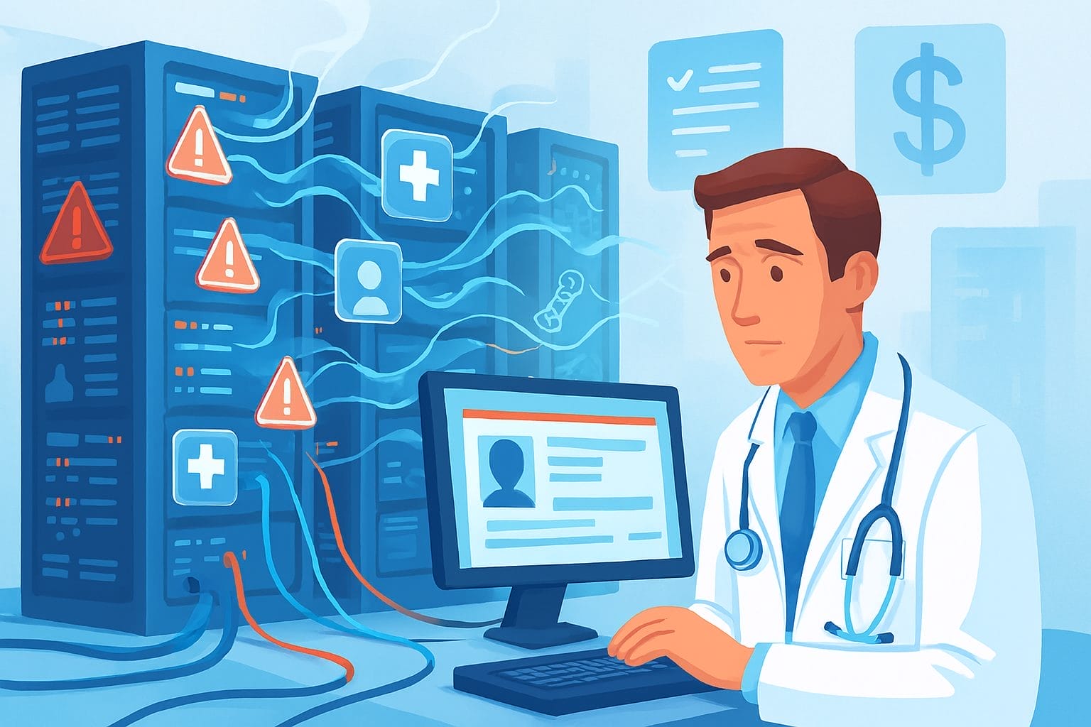 A doctor at a computer looks concerned as warning symbols and medical data appear on screens and servers, highlighting potential AI-related data security issues and healthcare database performance risks in a cloud-based setting.