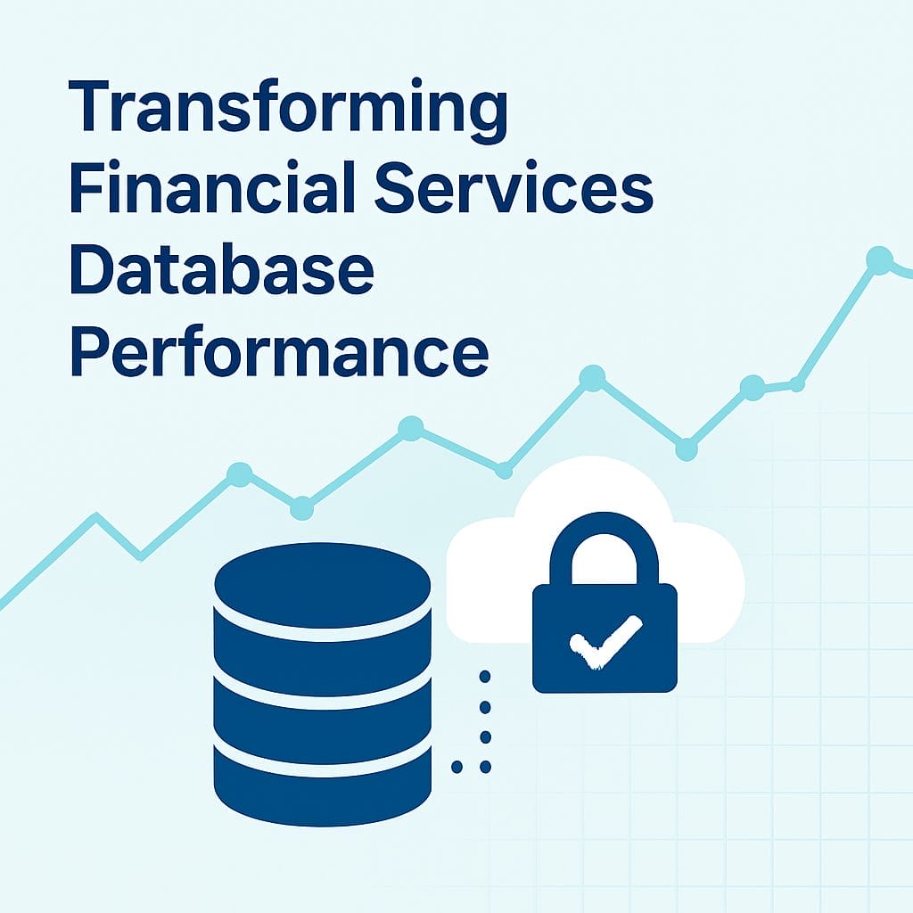 A graph with rising data points, database and cloud security icons, and the text "Transforming Financial Services Database Performance in a Regulation-Driven Cloud Era.