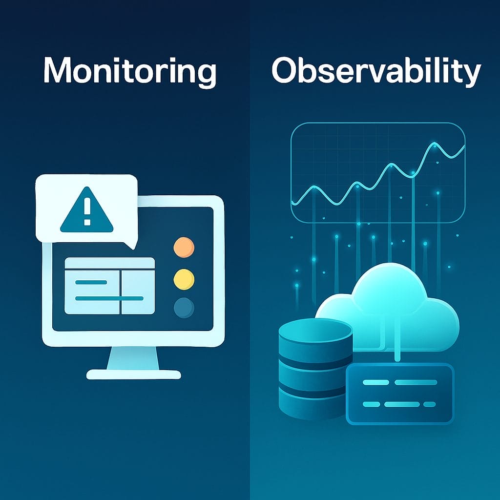 A split image comparing Monitoring, shown by a computer with an alert, and Observability, depicted with graphs, cloud, and database icons—a clear visual for CIOs understanding system oversight.