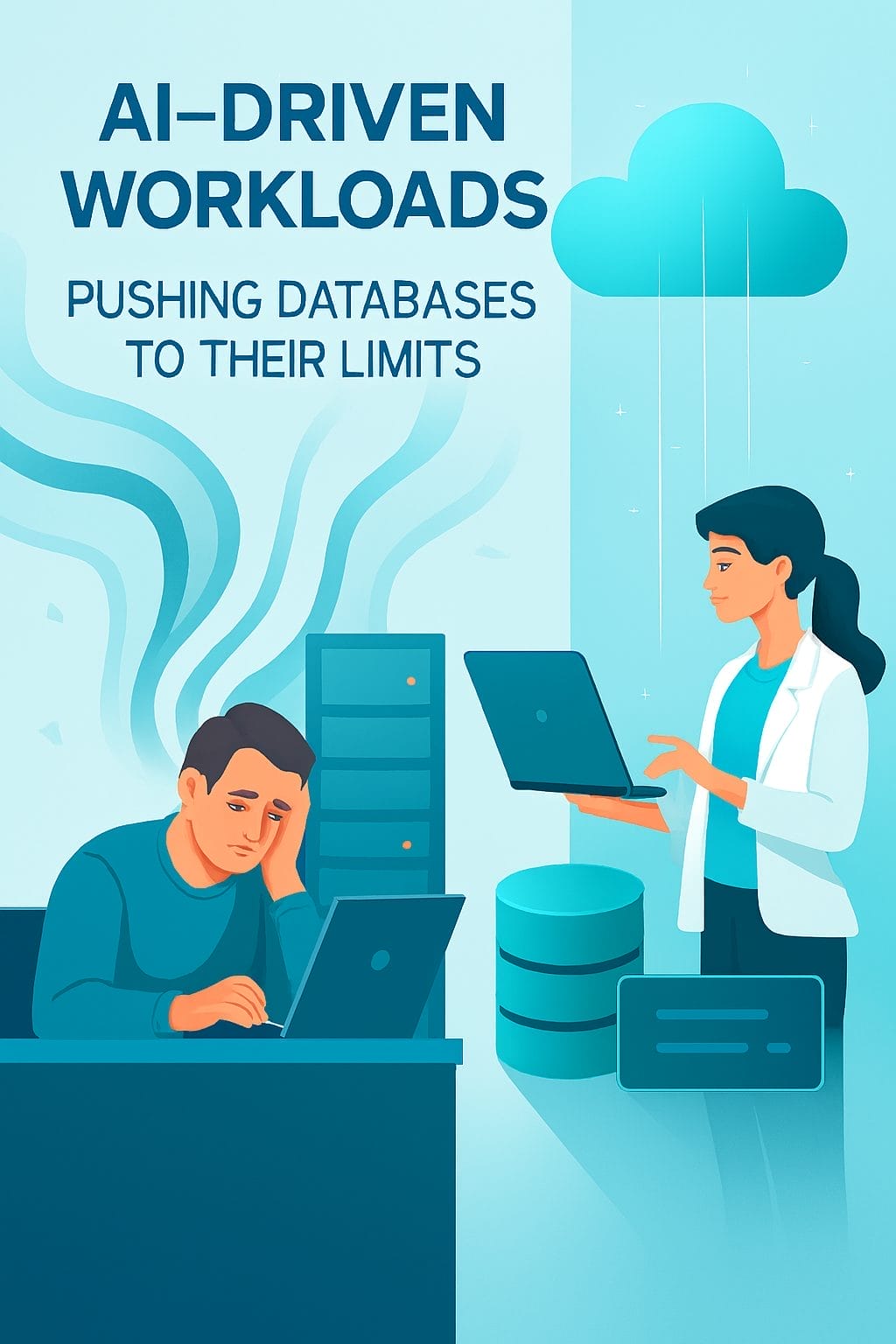 Illustration of a man stressed at his computer and a woman on her laptop, with servers and a cloud icon, capturing the strain of AI-driven workloads on databases in the fast-paced tech sector.