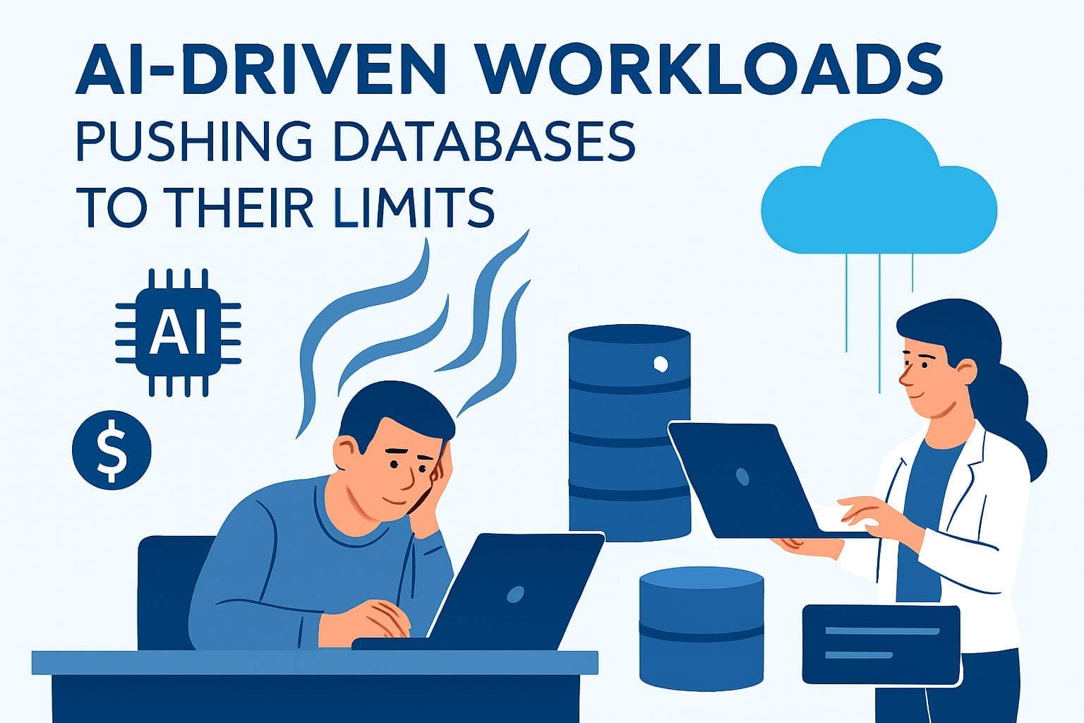 Illustration of a man looking stressed at his laptop, with database icons and a woman using a laptop, representing the tech sector facing AI-driven workloads that strain databases.