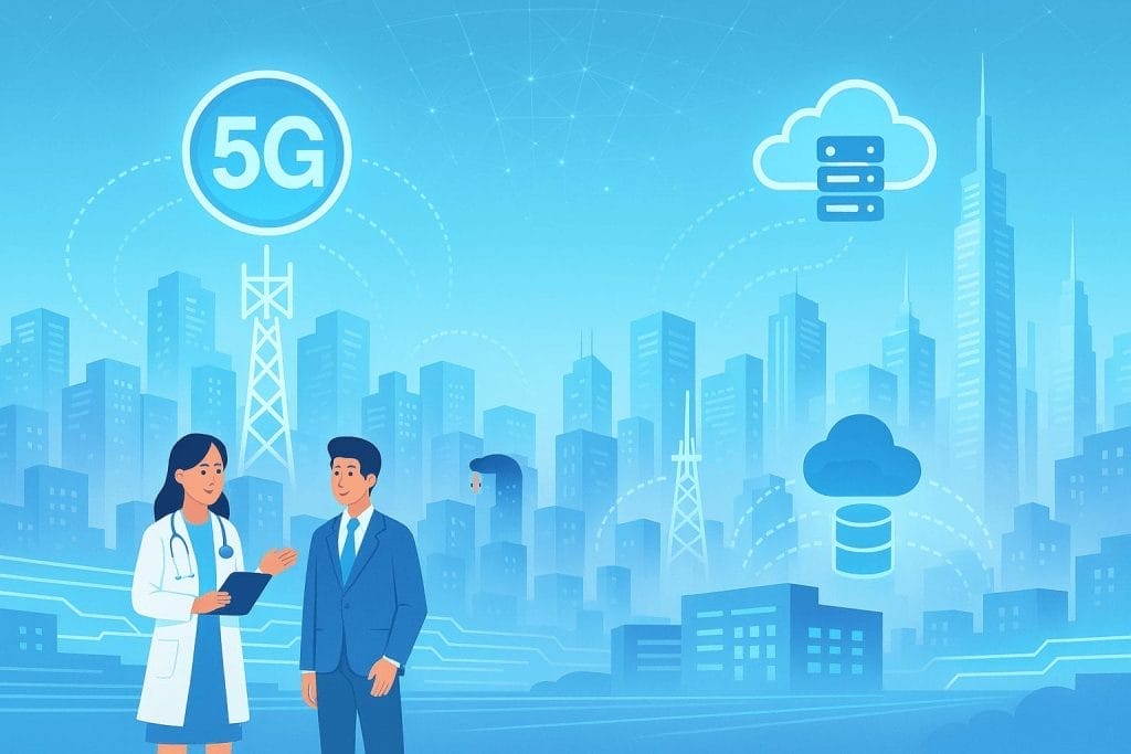 A doctor and a businessperson converse in a cityscape with 5G, cloud, and data icons, illustrating technology integration and advanced data management in urban and healthcare environments.