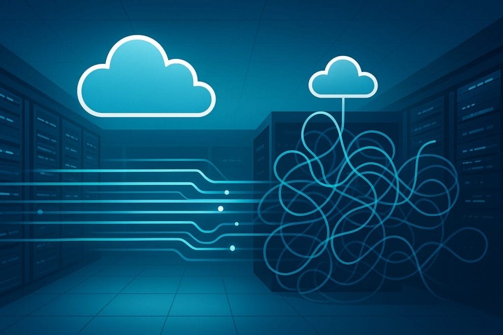Illustration of two cloud icons above server racks; one with straight data lines, the other tangled&mdash;representing efficient vs. inefficient cloud data transfer and highlighting how AI solutions like Enteros help optimize cloud cost.